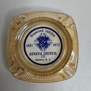 Vtg Knights of Columbus Geneva Council 272 Diamond Jubilee Glass Ashtray 1972